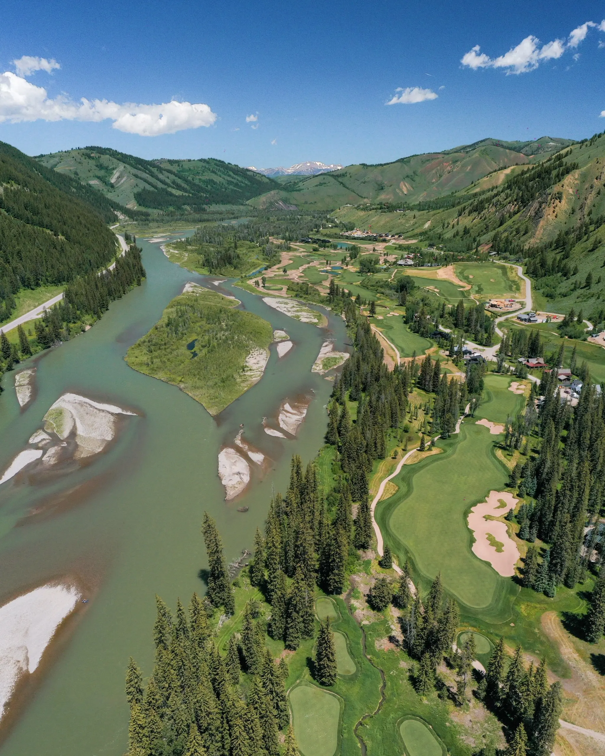 Aerial view of Snake River running through the Snake River Sporting Club in Wyoming