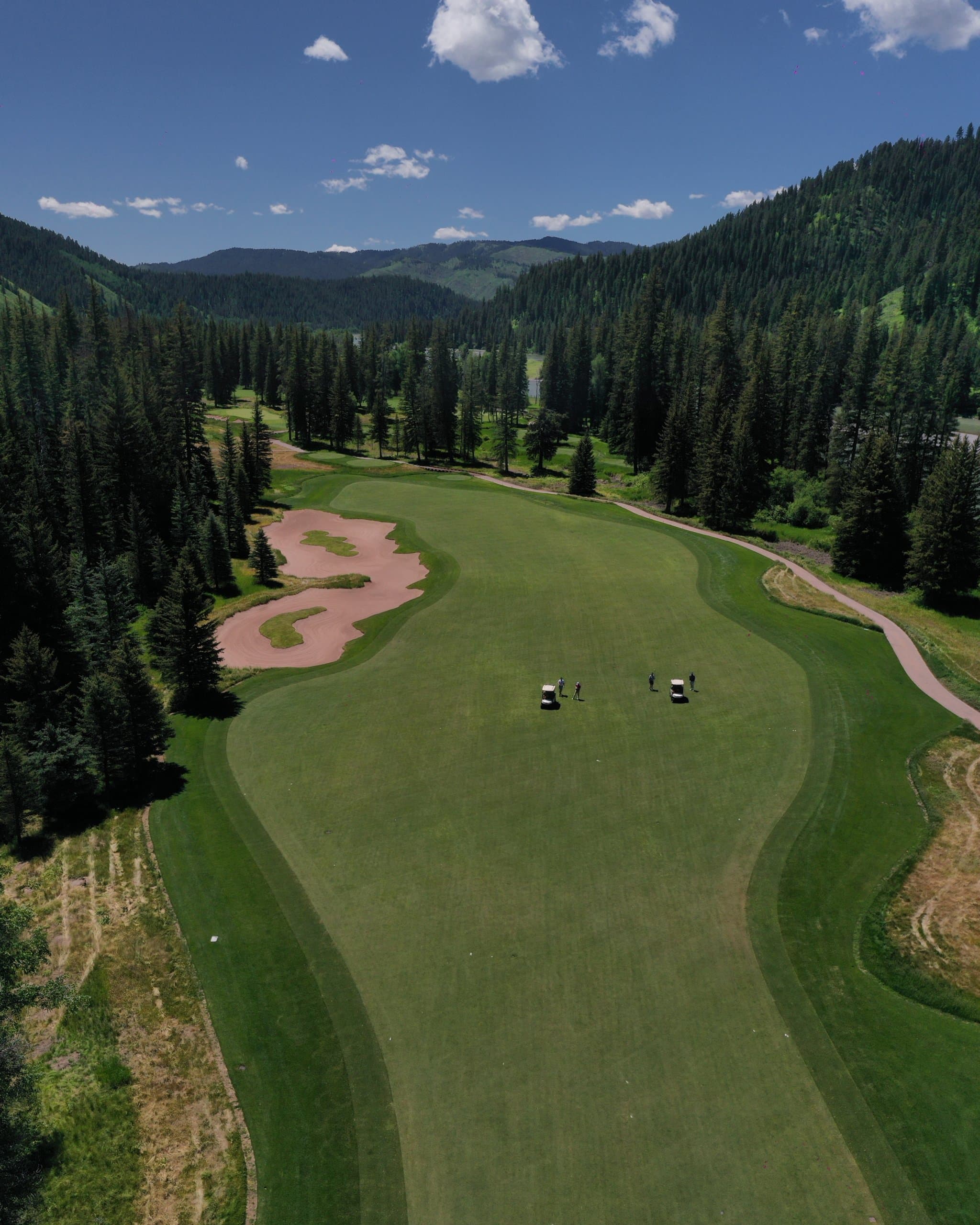 An aerial view of the Snake River Sporting Club's golfing greens, surrounded by trees, mountains are visible in the distance.