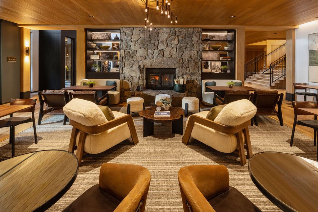 Fireplace in seating area at Engelmann's Bistro